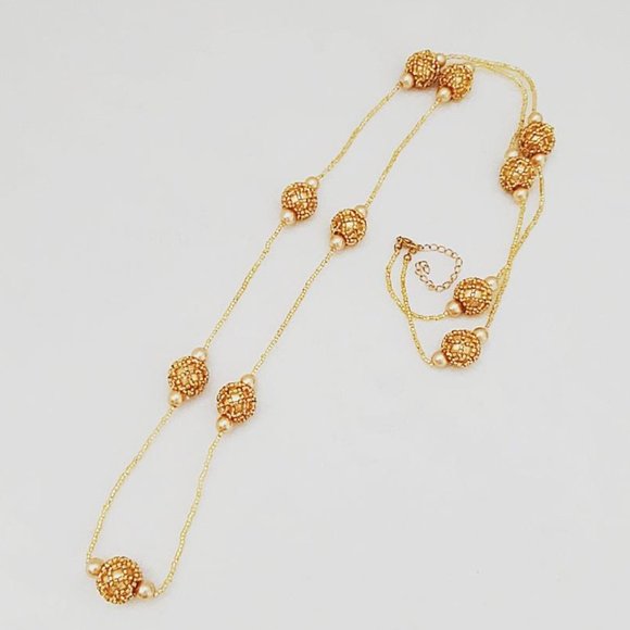 Gold Long Beaded Necklace Faux Pearl Seed Bead NEW - Picture 1 of 6